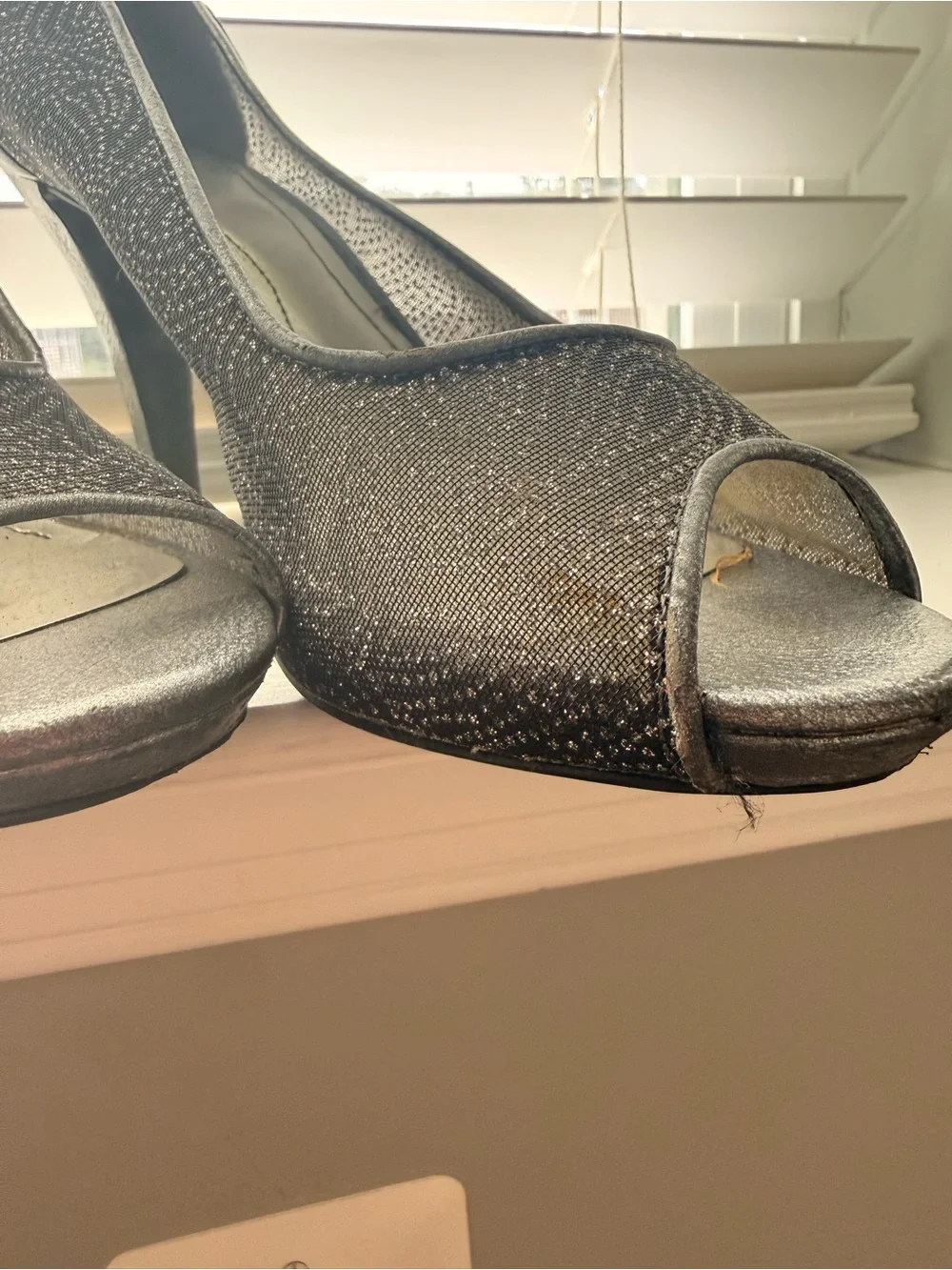 Pewter Glitter Peep Toe High Heels
